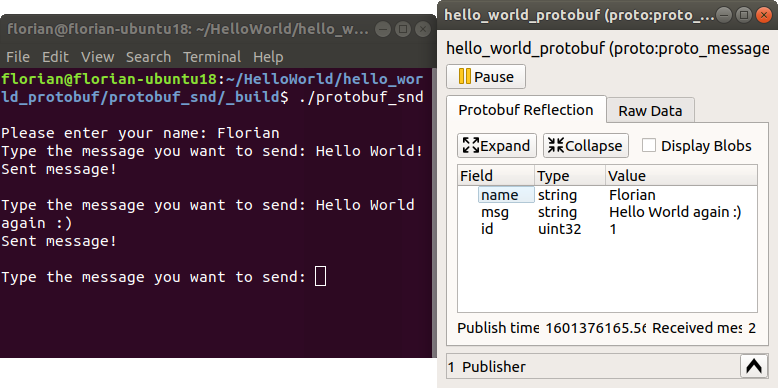 Hello World Protobuf sender and eCAL Monitor
