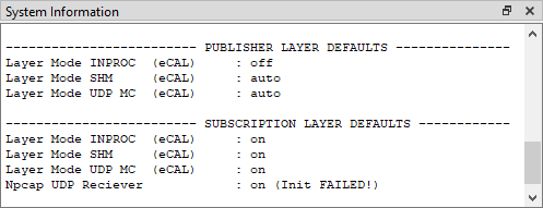 eCAL Monitor System Information (Npcap Error)